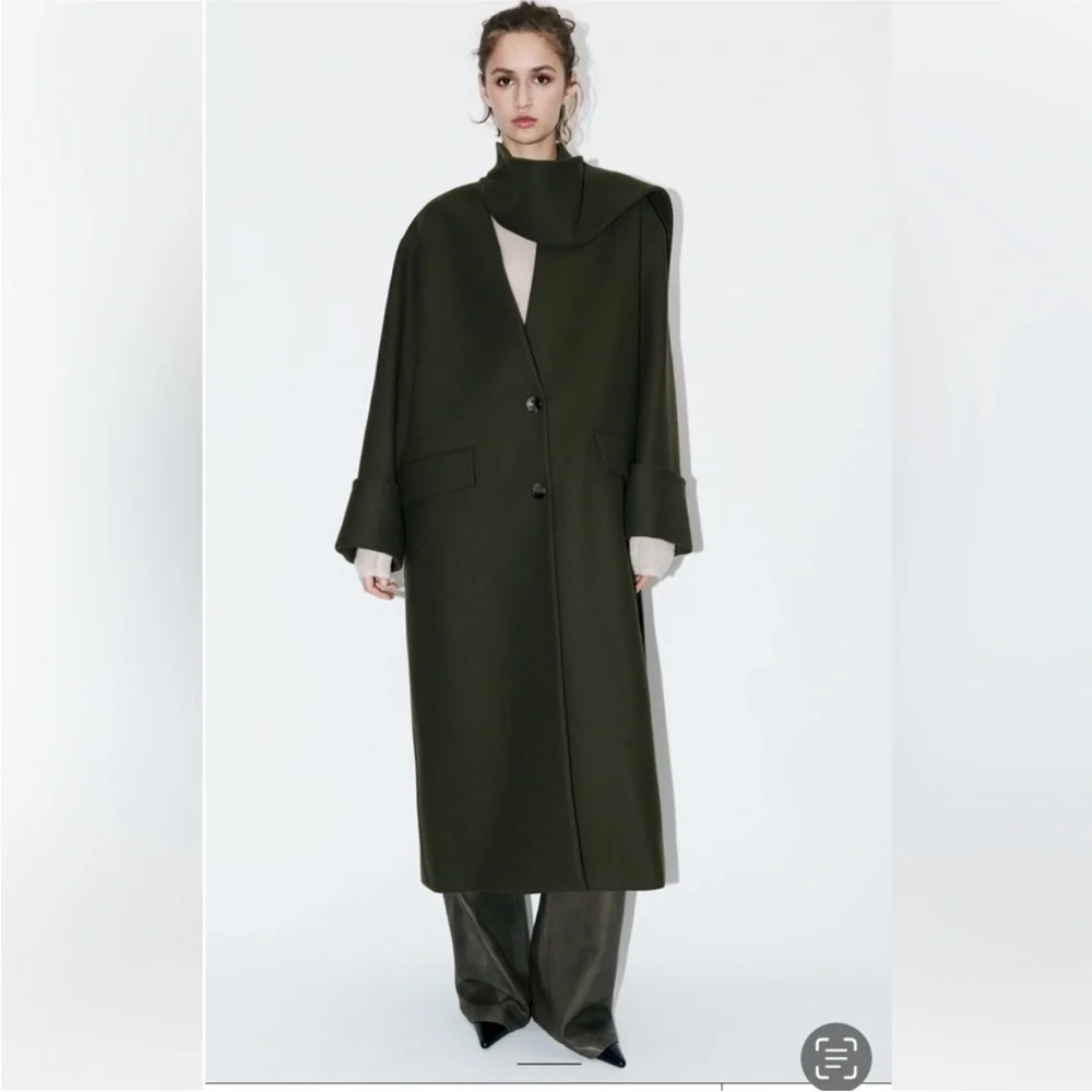 Viral Zara Coat with Scarf Wool, Olive Green. Sz xs/s - Picture 1 of 16
